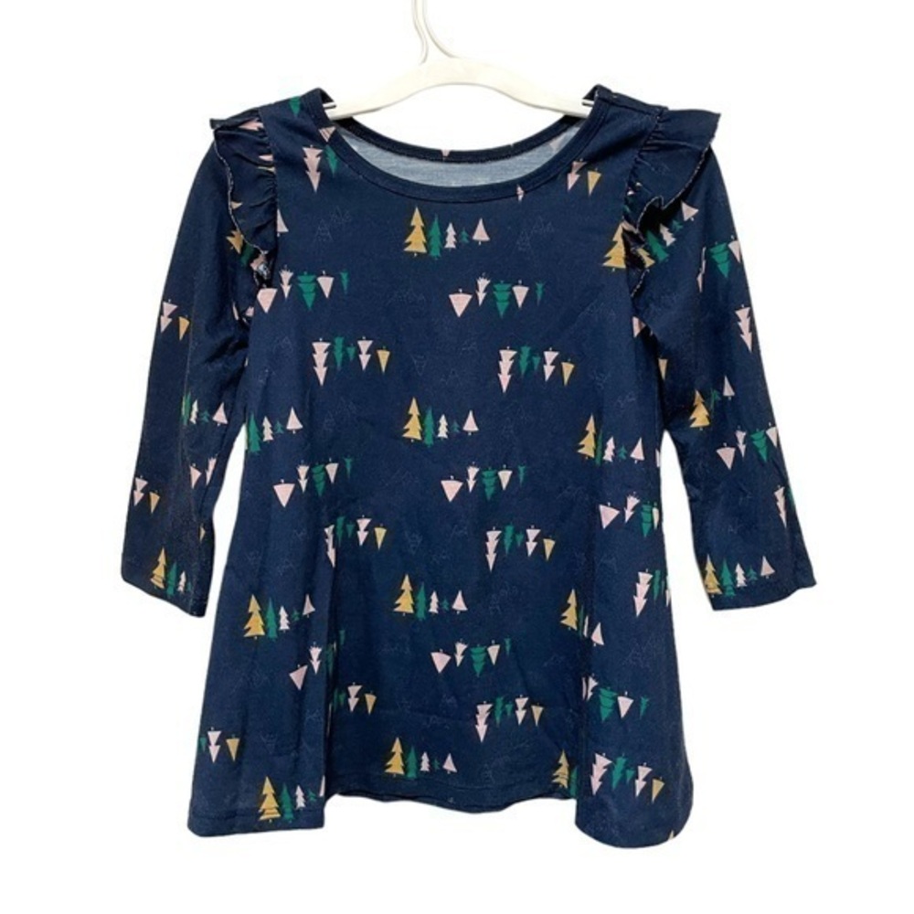 3/$25 Dark Navy Blue Christmas Dress with Green, Pink, & Yellow Trees. Size 2T